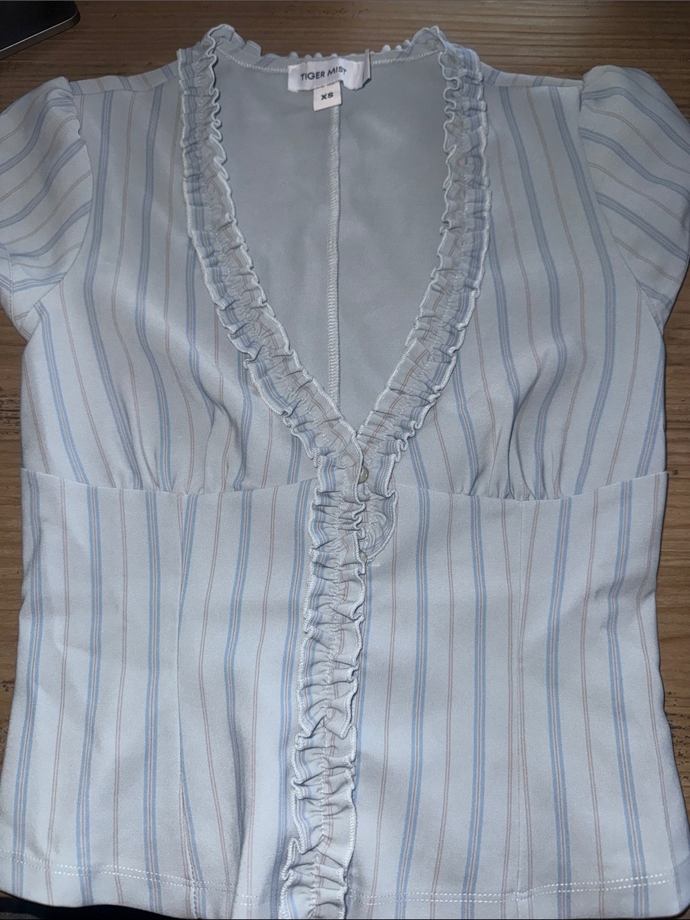 Tiger Mist Light Blue & White Striped Ruffle V-Neck Blouse